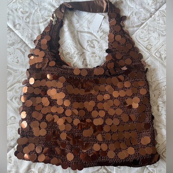 NWT - Vintage Brown Sequins Baguette Crochet Bag, Shimmer 90’s Shoulder Purse - Picture 2 of 7